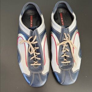 Prada Men's Navy and White Sneakers with Red Accents